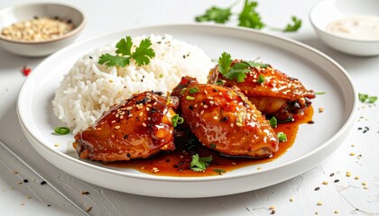 Glazed chicken pieces served over white rice with sesame seeds and herbs, close-up food photography, appetizing presentation, warm lighting, clean modern plate styling