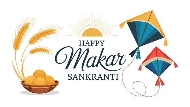 Happy makar sankranti festive illustration with traditional sweets kites wheat elements and elegant typography for indian harvest festival celebration design