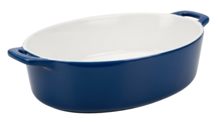 Oval blue ceramic baking dish isolated PNG, oven-safe casserole cookware for cooking and serving on transparent background