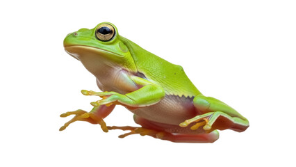 Obraz premium Green tree frog isolated PNG on transparent background, vibrant amphibian with smooth skin and golden eyes for nature designs