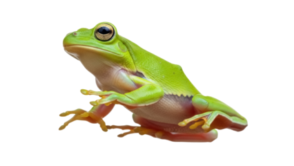 Green tree frog isolated PNG on transparent background, vibrant amphibian with smooth skin and golden eyes for nature designs