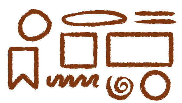 Brown Hand-Drawn Doodle Frames and Design Elements on White Background, Transparent PNG, Including Circles, Rectangles, Squares, Lines, Swirls and Banners