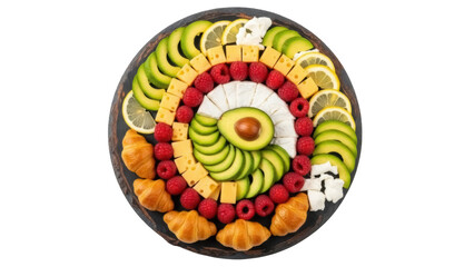 Gourmet charcuterie board with avocado, cheese, and raspberries isolated PNG, delicious appetizer...