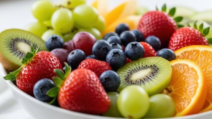 Obraz premium Fresh Fruit Bowl Assortment: Strawberries, Blueberries, Grapes, Kiwi, Orange Slices
