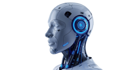 Futuristic robot head PNG isolated on transparent background, cyborg with blue glowing elements for science fiction and technology concepts