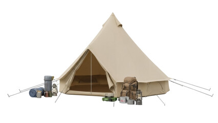 Beige canvas bell tent isolated PNG, camping equipment and accessories for outdoor adventure on transparent background