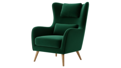 Elegant emerald green velvet armchair isolated PNG, modern wingback chair with cushions on transparent background for interior design projects