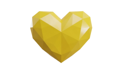 Geometric yellow heart PNG isolated on transparent background, low poly 3D render for love, Valentine s Day, and graphic design projects
