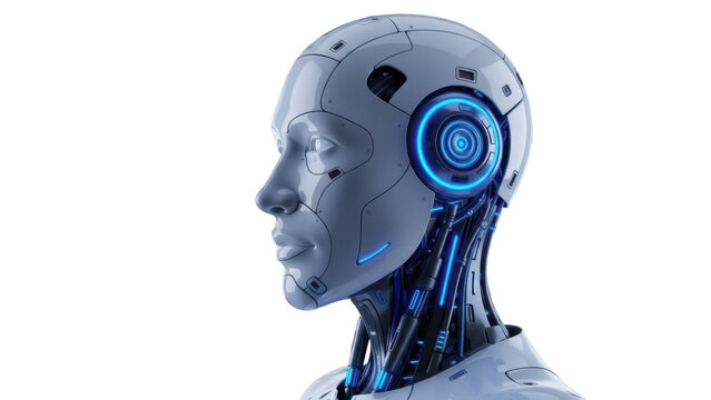 Futuristic robot head PNG isolated on transparent background, cyborg with blue glowing elements for science fiction and technology concepts