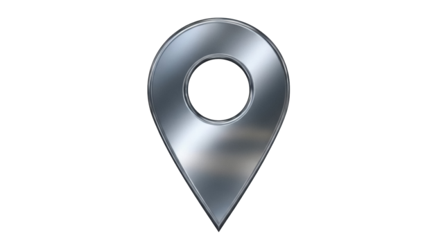 Shiny metallic map pointer PNG isolated on transparent background, location pin icon for navigation and travel apps - Powered by Adobe