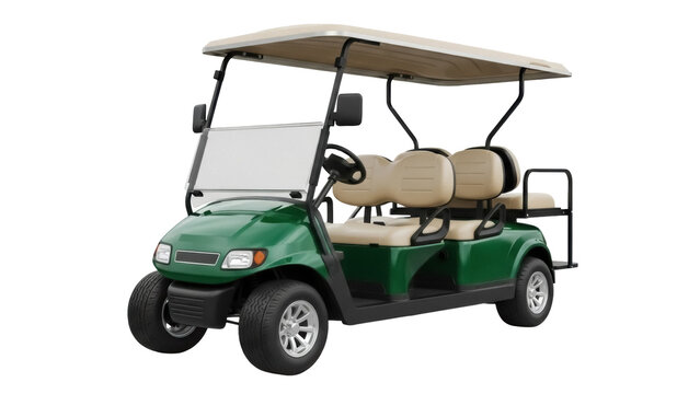 Green golf cart PNG isolated on transparent background, four-seater electric vehicle for leisure and transportation