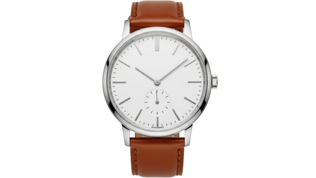 Elegant silver wristwatch with brown leather strap isolated PNG, minimalist design timepiece on transparent background for fashion accessory mockups