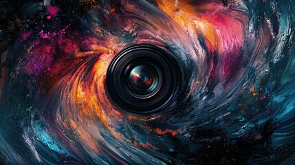 Abstract swirling colors surrounding a camera lens.