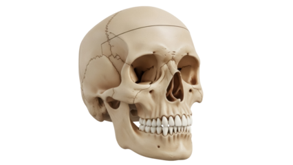 Human skull isolated PNG, anatomical model showing bone structure and teeth for medical study and educational resources on transparent background