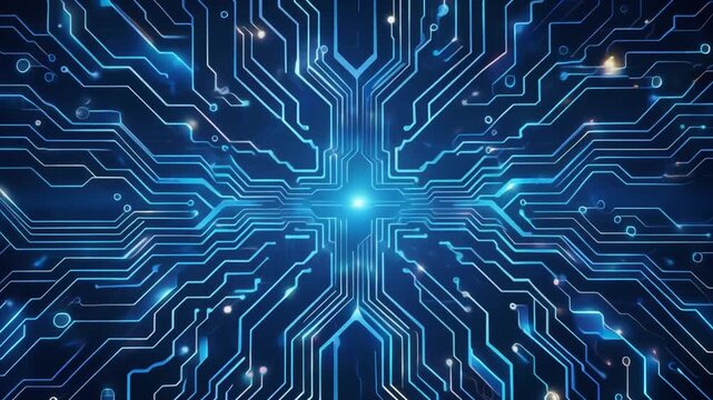 Abstract glowing blue circuit board pattern with intricate pathways and central light nexus