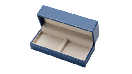 Open blue pen box isolated PNG on transparent background, elegant container for luxury writing instruments and gift presentation