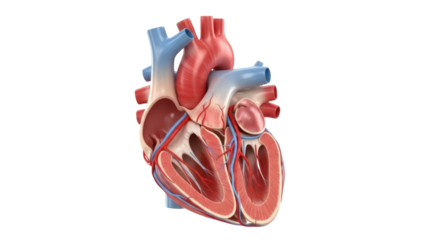 Human heart cross section isolated PNG, anatomical model showing chambers and valves for medical education and healthcare
