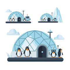 Cute penguins and robot friends explore futuristic igloo home, perfect for children's books, educational materials, and playful designs