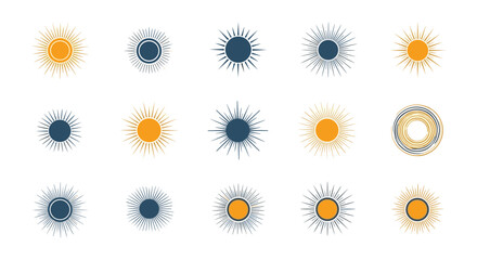 Diverse collection of minimalist sun and sunburst icons in orange and blue tones perfect for weather applications and solar branding.