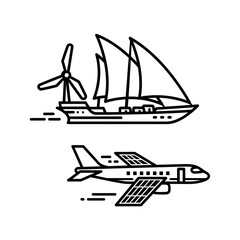 Sustainable transportation concept showing wind-powered ship and solar-powered airplane, eco-friendly travel options