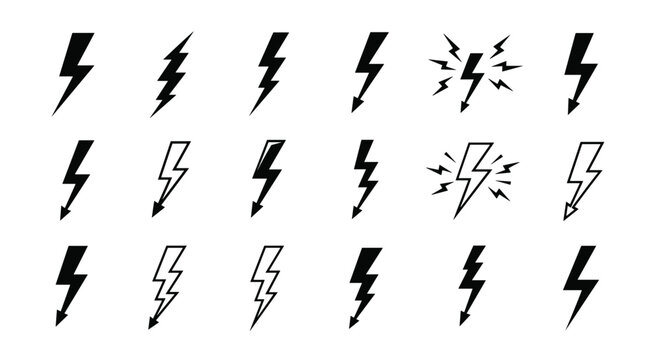 Extensive collection of black and white lightning bolt icons representing electrical power, weather phenomena, and energetic speed.