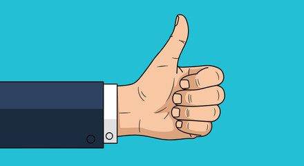 Illustration of a hand in a business suit giving a thumbs up gesture on a blue background representing approval and success.