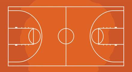 Top view illustration of a professional basketball court layout with standard lines and markings on an orange ground.