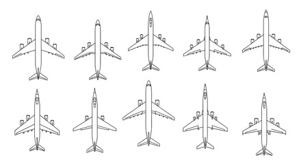 Set of various airplane silhouettes from a top-down perspective representing aviation, travel, and international transportation.