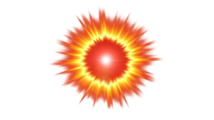 Fiery explosion PNG isolated on transparent background, bright burst of energy with red and yellow flames for special effects and design