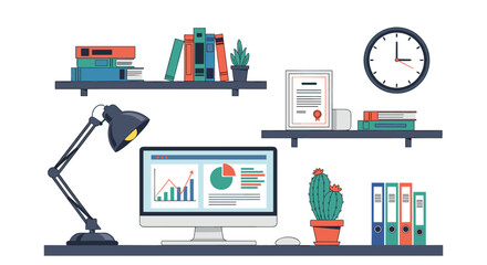 Organized home office workspace with computer monitor displaying data charts, desk lamp, cactus plant, and books on shelves.