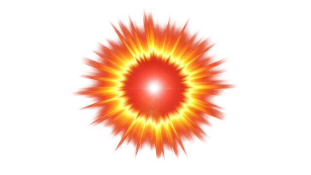 Fiery explosion PNG isolated on transparent background, bright burst of energy with red and yellow flames for special effects and design