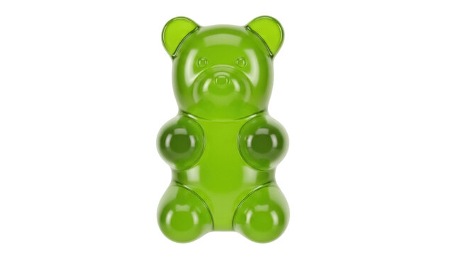Green gummy bear isolated PNG on transparent background, sweet candy treat for kids and adults alike, delicious confectionery for parties and celebrations