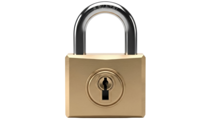 Brass padlock PNG isolated on transparent background, security lock with keyhole for safety and protection, golden metal lock for secure access