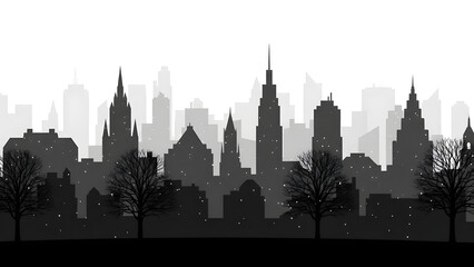 Obraz premium Monochromatic Skyline Silhouette with Bare Trees and Subtle Snowfall Effect