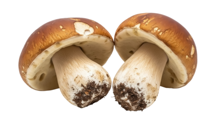 Two porcini mushrooms PNG isolated on transparent background, edible fungi with brown caps and thick stems for gourmet cuisine