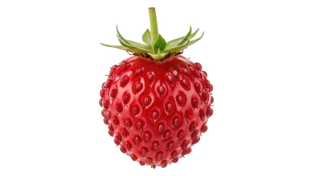 Wild strawberry isolated PNG on transparent background, ripe red forest fruit with green stem and seeds, healthy snack and ingredient