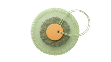 Round green tea bag PNG isolated on transparent background, herbal infusion for wellness and relaxation