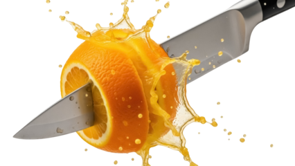 Fresh orange being sliced with a knife isolated PNG, juicy fruit with splash on transparent background, healthy eating concept