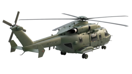 Military helicopter in green camouflage isolated PNG, army air transport for defense and rescue operations on transparent background