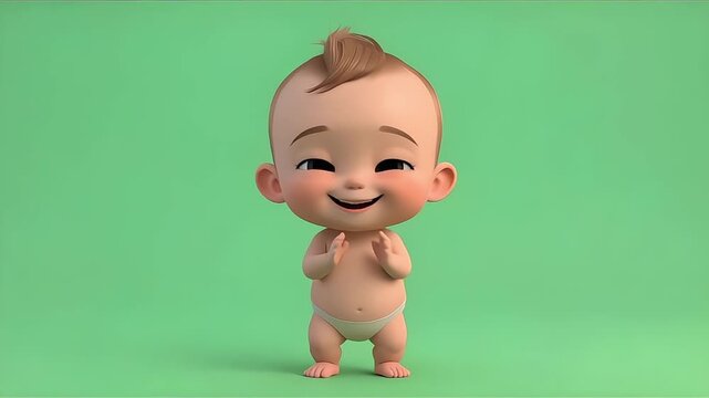Cute 3D Cartoon Toddler Character Clapping Hands Happily On Green Screen For Children Animation Content