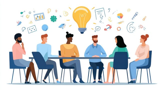 Diverse group of people around a table, brainstorming with a glowing light bulb overhead