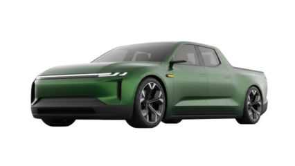 Green electric pickup truck PNG isolated on transparent background, modern car design for sustainable transportation and automotive industry