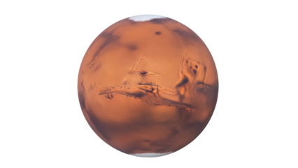 Detailed Mars planet PNG isolated on transparent background, red planet with surface features and polar ice cap for space exploration concepts