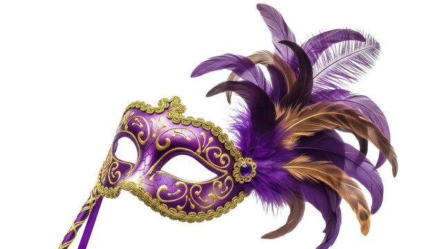 Ornate purple and gold feathered masquerade mask isolated PNG, festive costume accessory for Mardi Gras and carnival celebrations