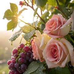 Sunlit roses and grapes after rain, sparkling droplets, clean beautiful background