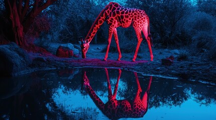 A giraffe reflects in a still pool of water at twilight.