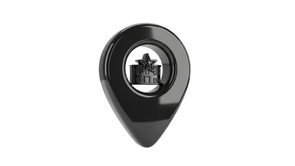 Shiny black map pointer with star school building inside isolated PNG, location pin for education and learning institutions