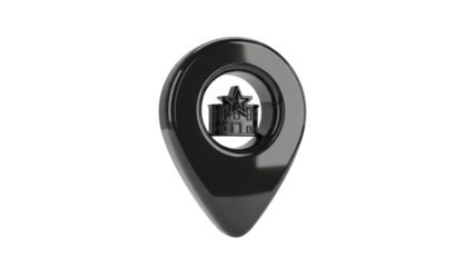 Shiny black map pointer with star school building inside isolated PNG, location pin for education and learning institutions