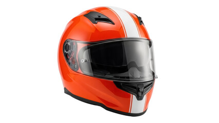 Orange motorcycle helmet with white stripe isolated PNG, protective headgear for racing and extreme sports on transparent background © PICSPRO
