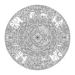 Naklejka premium Detailed black and white circular design featuring stylized animals and intricate floral patterns